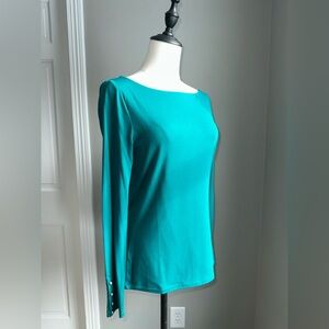 NWT Ann Taylor Medium Long Sleeve jade green top gold button accents on sleeves